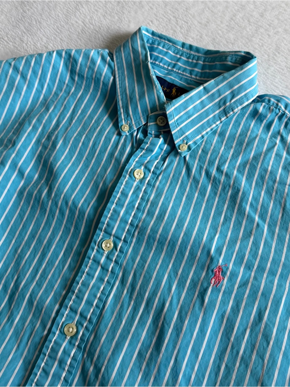 Polo by Ralph Lauren Aqua and White Striped Button-Down Shirt Men's XL Pink Pony